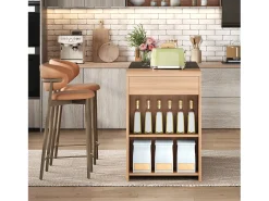 Isla de cocina - 140 x 60 x 90 cm - con 5 estantes + cajón oculto - efecto roble y mármol negro - MDF