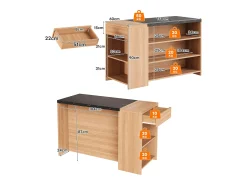 Isla de cocina - 140 x 60 x 90 cm - con 5 estantes + cajón oculto - efecto roble y mármol negro - MDF