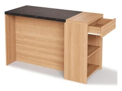 Isla de cocina - 140 x 60 x 90 cm - con 5 estantes + cajón oculto - efecto roble y mármol negro - MDF