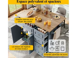 Isla de cocina - 110 x 45-75 x 92 cm - carrito de servicio extraíble - con 5 cajones + 2 puertas - MDF - azul