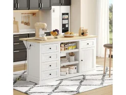 Isla de cocina - con 5 cajones y 2 estantes deslizantes - con toma de corriente - tablero extensible - Natural + Blanco