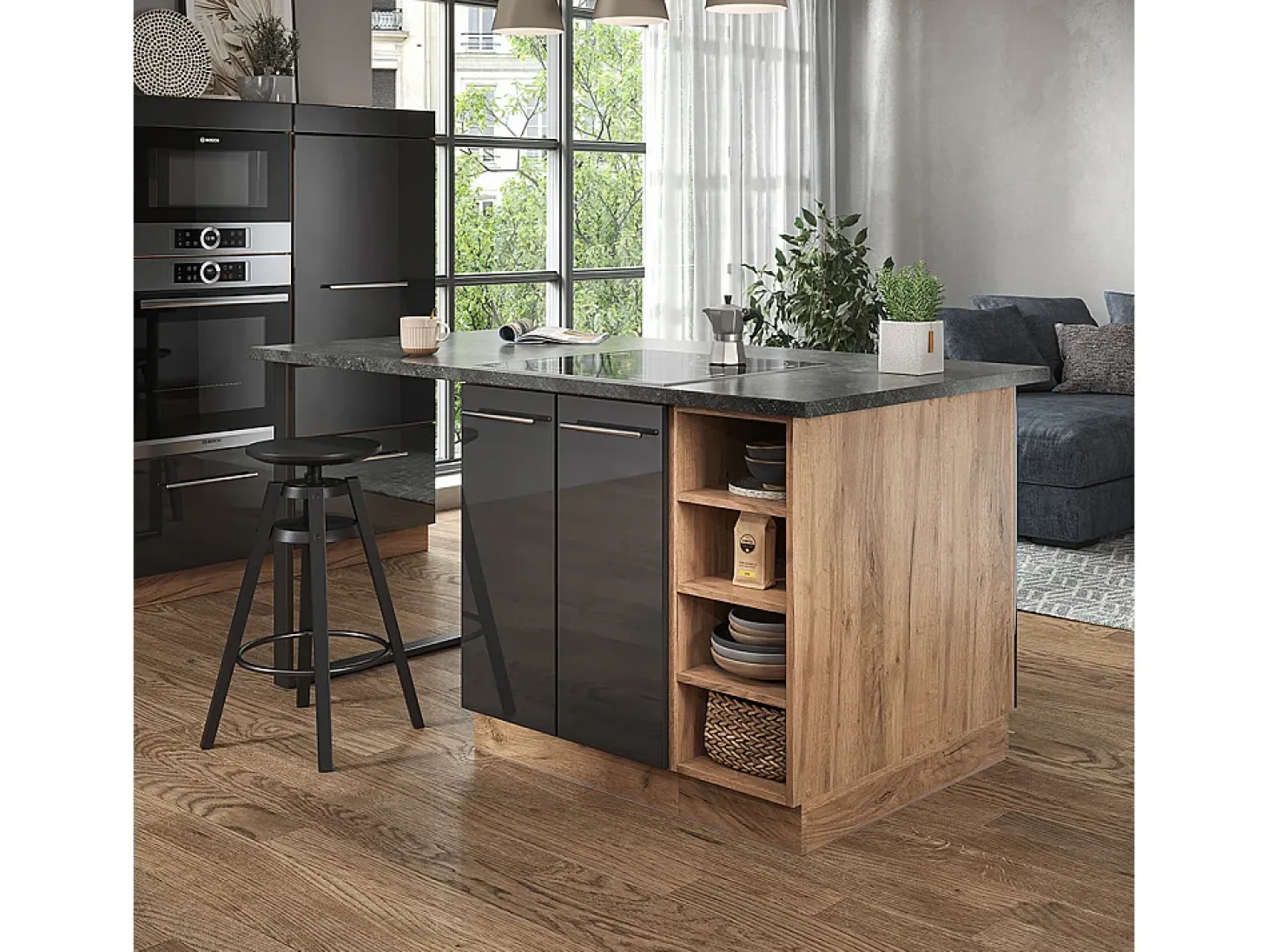 Isla de cocina antracita brillo intenso/roble dorado eléctrico 90x60x82 fame-line