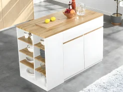 Isla de cocina atemporal - MDF - 130 cm de largo - Blanco y Natural - MEILI