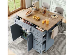 Isla de cocina azul con ruedas y 4 cajones de almacenamiento, encimera de madera MDF