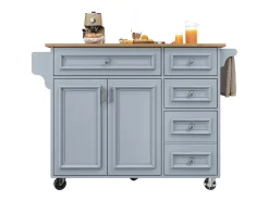 Isla de cocina azul con ruedas y 4 cajones de almacenamiento, encimera de madera MDF