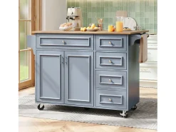 Isla de cocina azul con ruedas y 4 cajones de almacenamiento, encimera de madera MDF