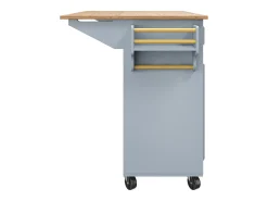 Isla de cocina azul con ruedas y 4 cajones de almacenamiento, encimera de madera MDF