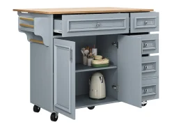 Isla de cocina azul con ruedas y 4 cajones de almacenamiento, encimera de madera MDF
