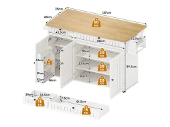 Isla de cocina blanca - Carrito de cocina con 2 cajones y 3 puertas - Especiero y toallero