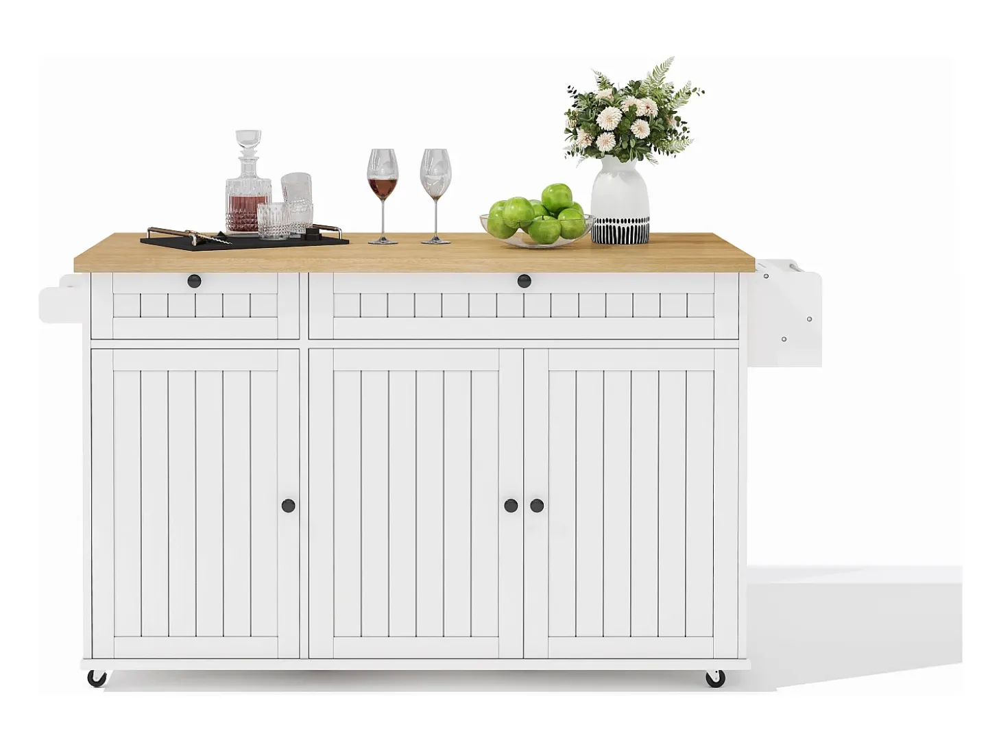 Isla de cocina blanca - Carrito de cocina con 2 cajones y 3 puertas - Especiero y toallero