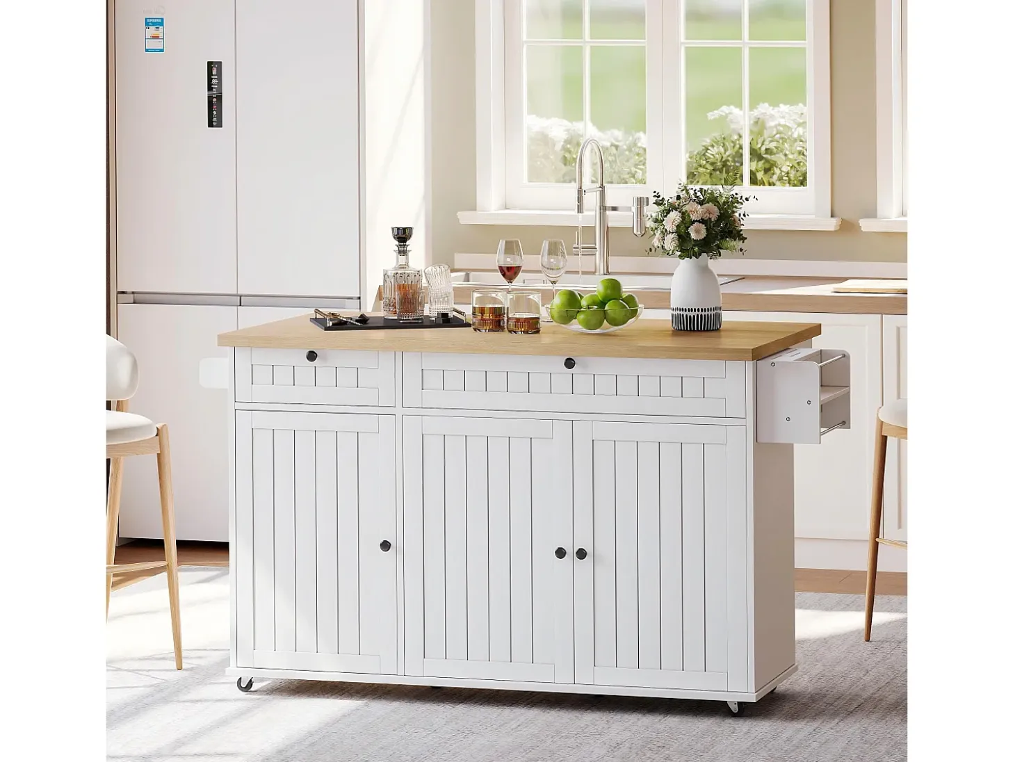 Isla de cocina blanca - Carrito de cocina con 2 cajones y 3 puertas - Especiero y toallero