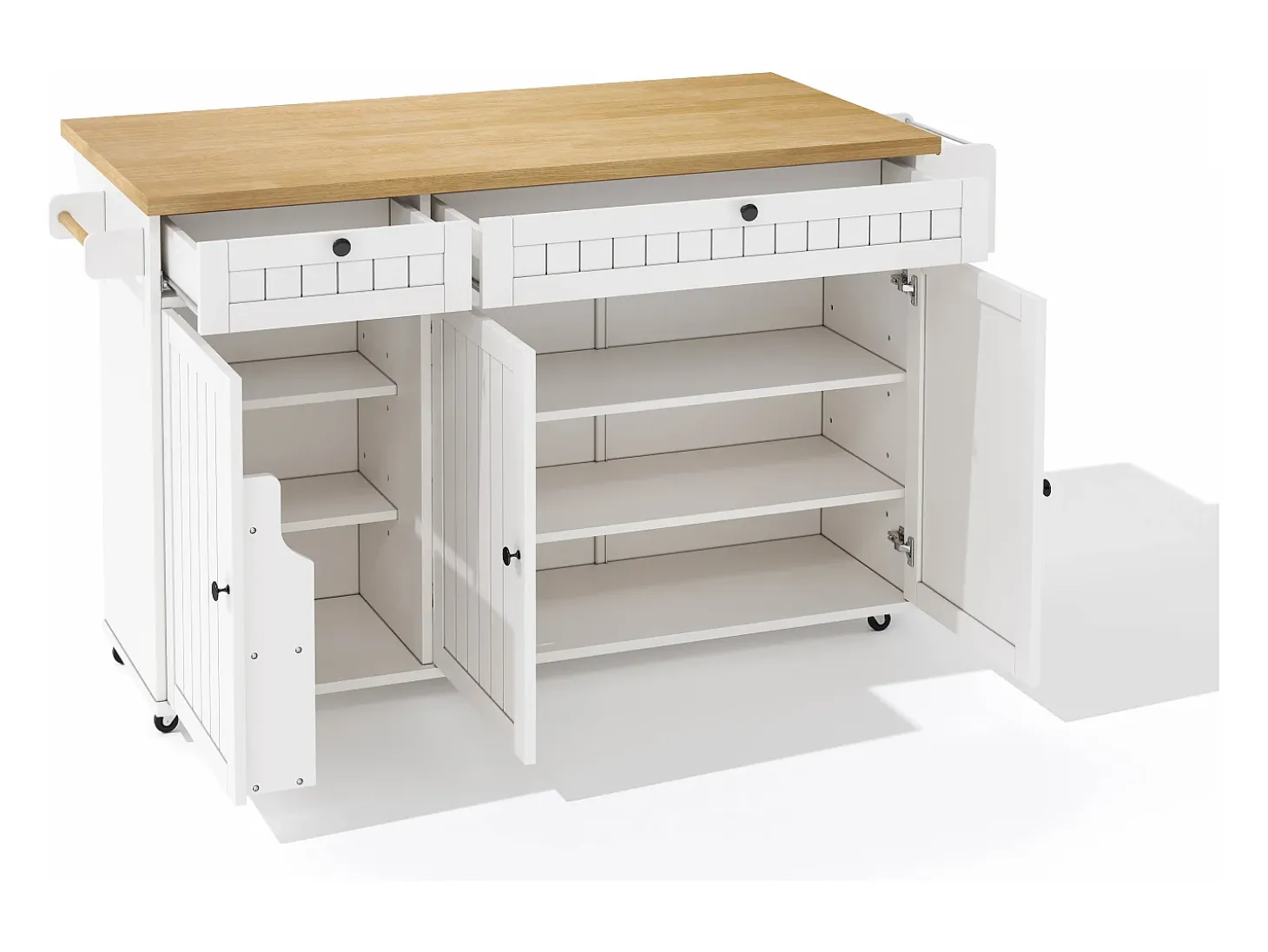 Isla de cocina blanca - Carrito de cocina con 2 cajones y 3 puertas - Especiero y toallero