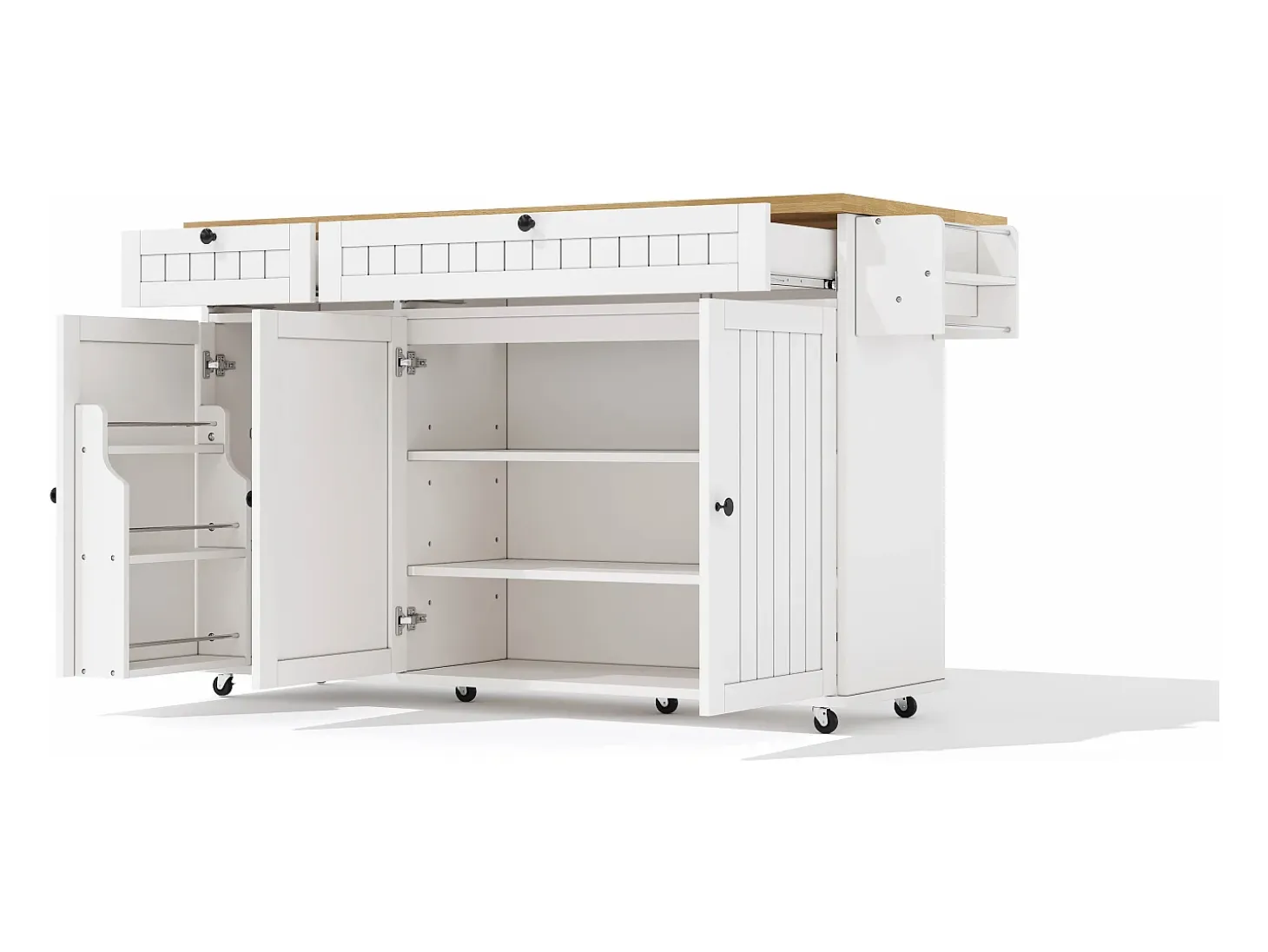 Isla de cocina blanca - Carrito de cocina con 2 cajones y 3 puertas - Especiero y toallero