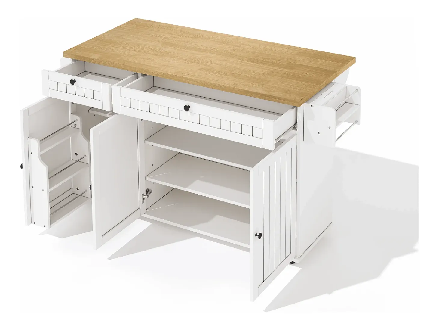 Isla de cocina blanca - Carrito de cocina con 2 cajones y 3 puertas - Especiero y toallero