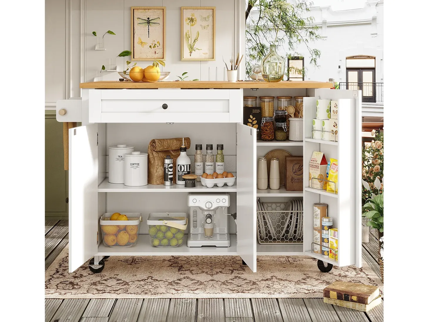 Isla de cocina blanca - Carrito de cocina con 1 cajón y 3 puertas - toallero y especiero