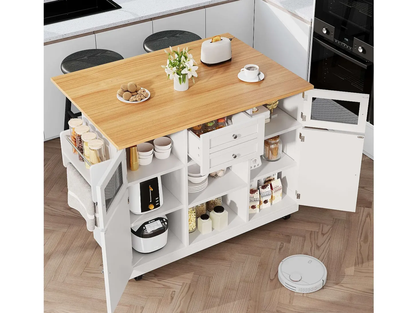 Isla de cocina blanca - Carrito de cocina con 2 cajones y 4 puertas - Especiero y toallero