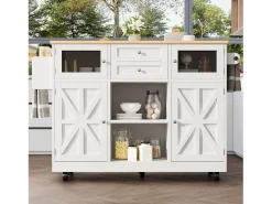 Isla de cocina blanca - Carrito de cocina con 2 cajones y 4 puertas - Especiero y toallero
