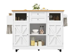 Isla de cocina blanca - Carrito de cocina con 2 cajones y 4 puertas - Especiero y toallero