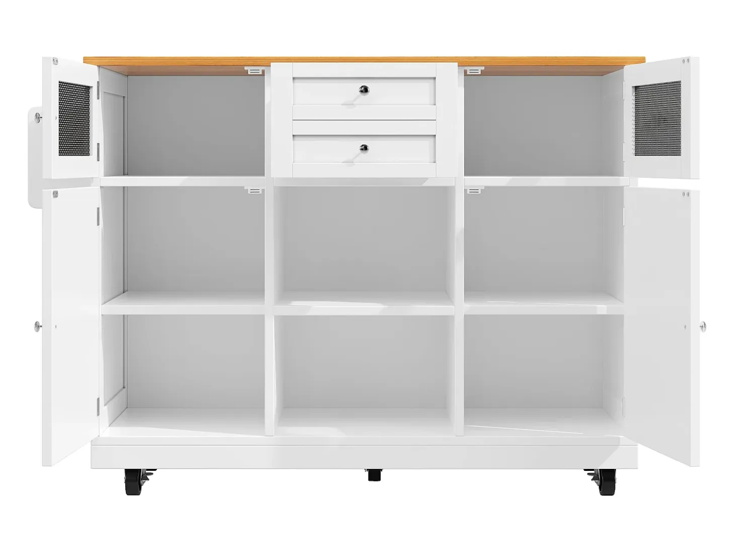 Isla de cocina blanca - Carrito de cocina con 2 cajones y 4 puertas - Especiero y toallero