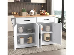 Isla de cocina blanca - Isla de cocina con ruedas y patas de madera - Encimera abatible - 2 cajones 4 puertas