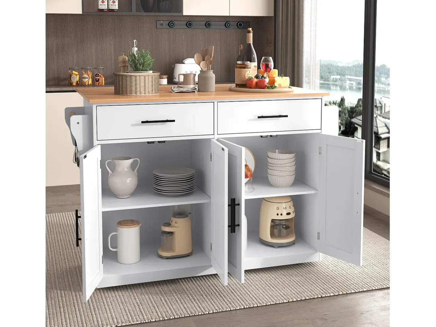 Isla de cocina blanca - Isla de cocina con ruedas y patas de madera - Encimera abatible - 2 cajones 4 puertas
