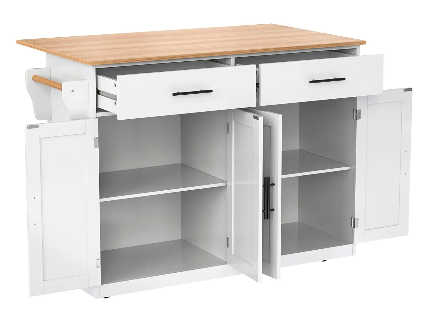 Isla de cocina blanca - Isla de cocina con ruedas y patas de madera - Encimera abatible - 2 cajones 4 puertas