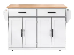 Isla de cocina blanca - Isla de cocina con ruedas y patas de madera - Encimera abatible - 2 cajones 4 puertas