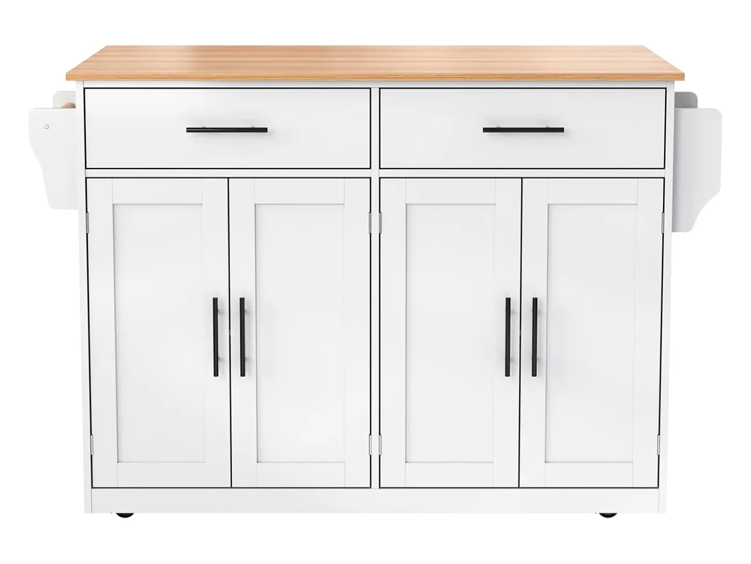 Isla de cocina blanca - Isla de cocina con ruedas y patas de madera - Encimera abatible - 2 cajones 4 puertas