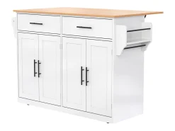 Isla de cocina blanca - Isla de cocina con ruedas y patas de madera - Encimera abatible - 2 cajones 4 puertas