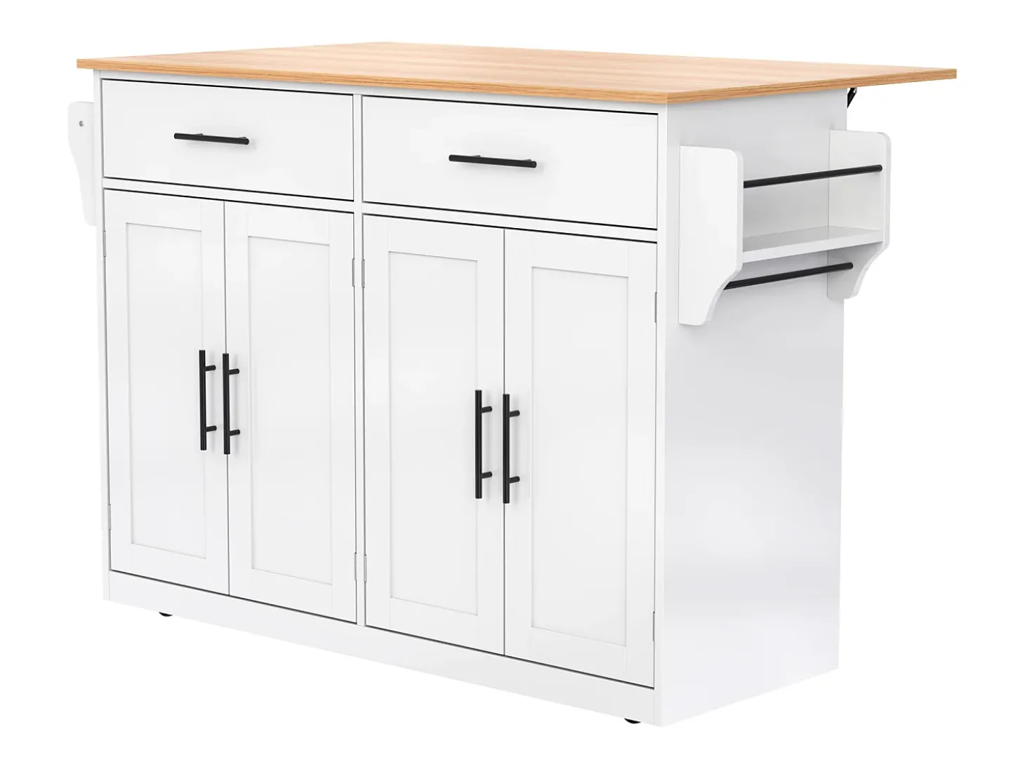 Isla de cocina blanca - Isla de cocina con ruedas y patas de madera - Encimera abatible - 2 cajones 4 puertas