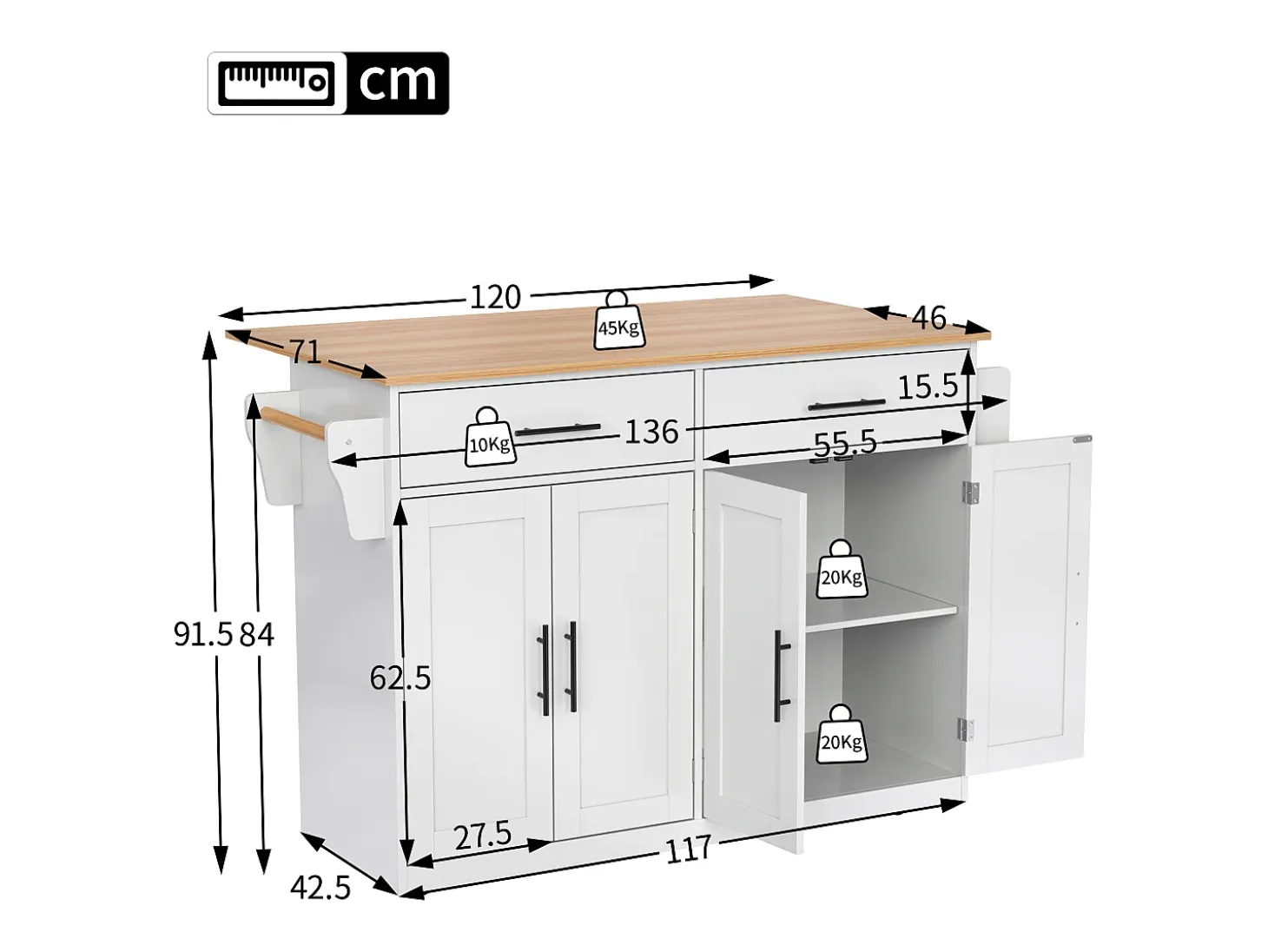 Isla de cocina blanca - Isla de cocina con ruedas y patas de madera - Encimera abatible - 2 cajones 4 puertas