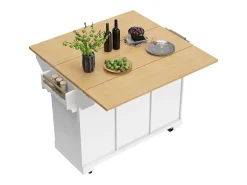 Isla de cocina blanca con tablero plegable, 3 cajones y 2 puertas - 5 ruedas