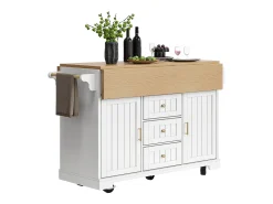 Isla de cocina blanca con tablero plegable, 3 cajones y 2 puertas - 5 ruedas
