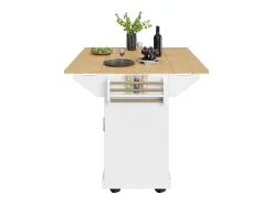 Isla de cocina blanca con tablero plegable, 3 cajones y 2 puertas - 5 ruedas