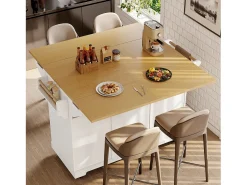 Isla de cocina blanca con tablero plegable, 3 cajones y 2 puertas - 5 ruedas