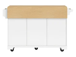 Isla de cocina blanca con tablero plegable, 3 cajones y 2 puertas - 5 ruedas