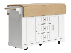 Isla de cocina blanca con tablero plegable, 3 cajones y 2 puertas - 5 ruedas