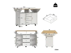 Isla de cocina blanca con tablero plegable, 3 cajones y 2 puertas - 5 ruedas