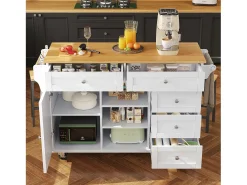 Isla de cocina blanca de 5 cajones - Carrito de cocina de 1 puerta con 3 compartimentos abiertos - Especiero y toallero