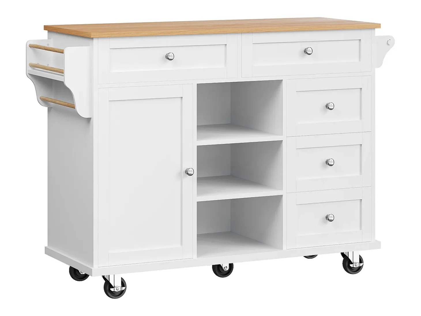 Isla de cocina blanca de 5 cajones - Carrito de cocina de 1 puerta con 3 compartimentos abiertos - Especiero y toallero
