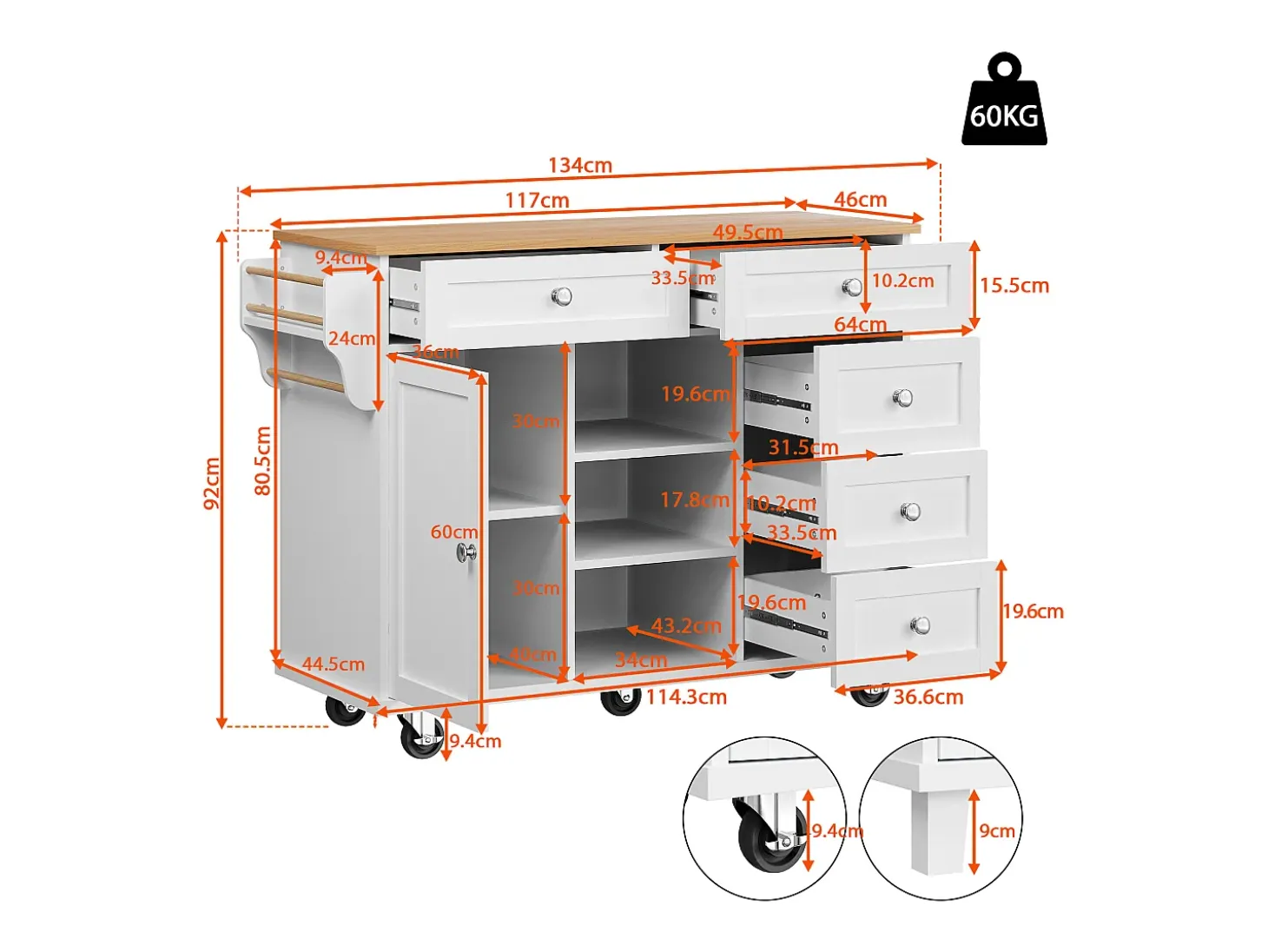 Isla de cocina blanca de 5 cajones - Carrito de cocina de 1 puerta con 3 compartimentos abiertos - Especiero y toallero