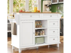 Isla de cocina blanca de 5 cajones - Carrito de cocina de 1 puerta con 3 compartimentos abiertos - Especiero y toallero