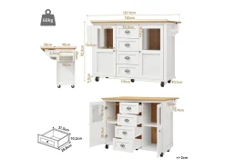 Isla de cocina blanca, isla de cocina móvil con 2 puertas y 4 cajones, encimera abatible - tiradores plateados