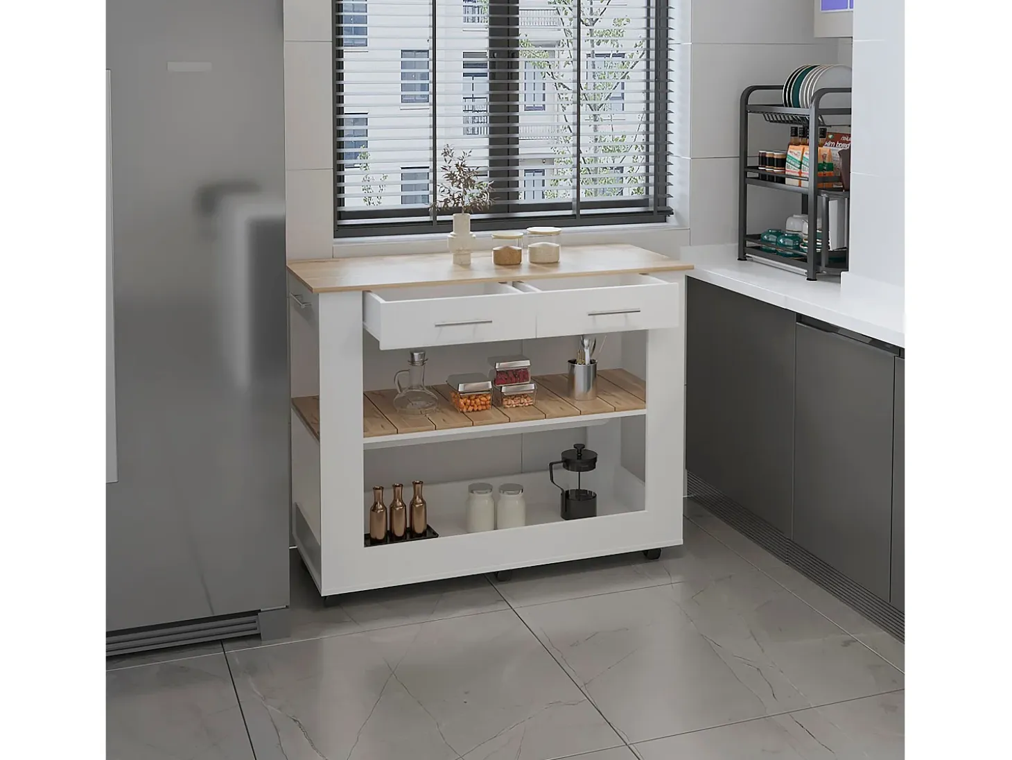 Isla de cocina Brooklyn en Melamina, con cajones de riel metálico , 92.71 cm X 116.58 cm X 50.8 cm , Multicolor
