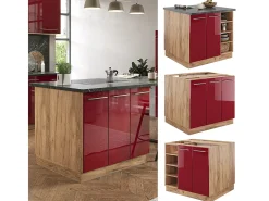 Isla de cocina burdeos brillo intenso/roble dorado 90x60x82 fame-line