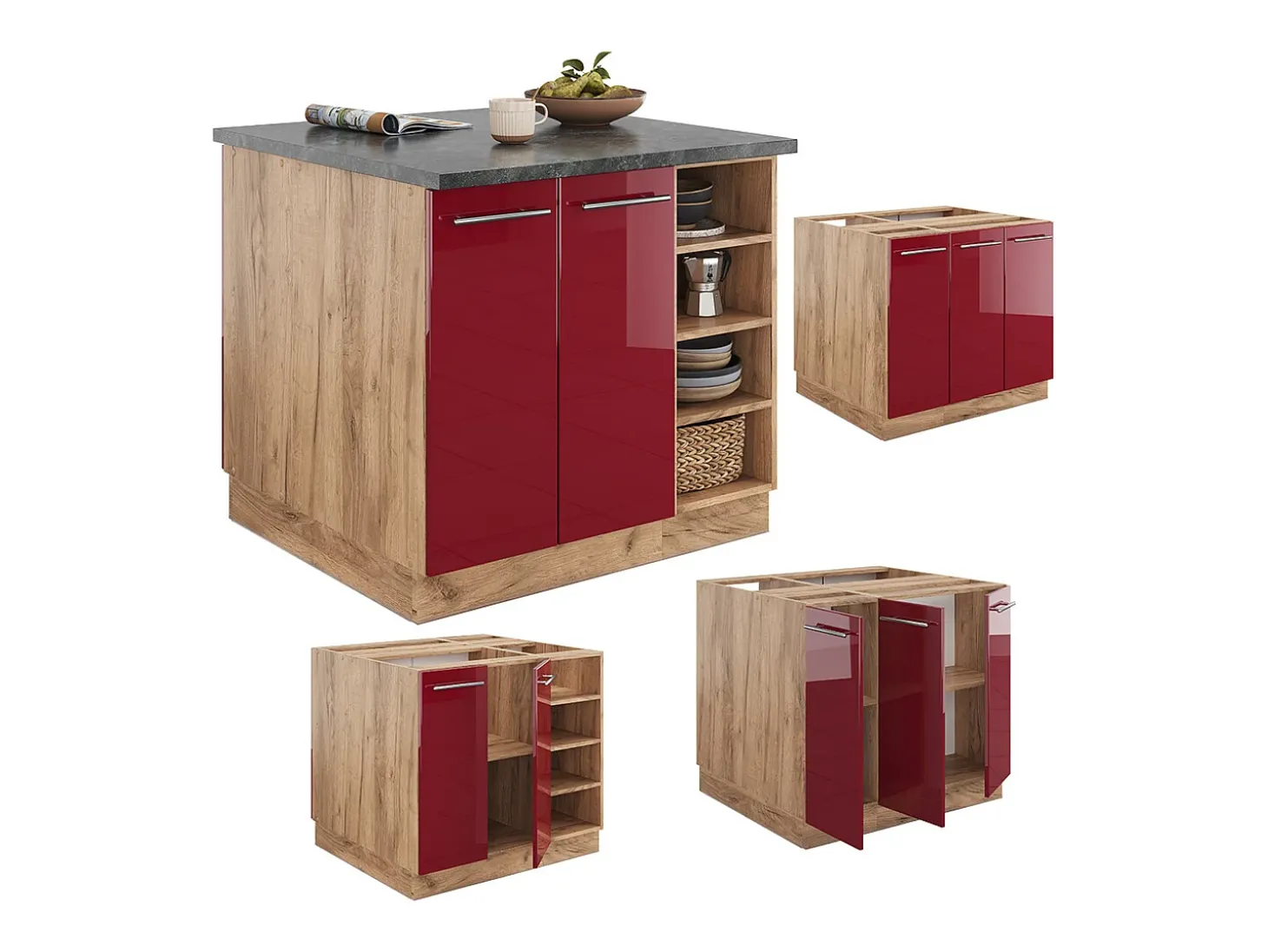 Isla de cocina burdeos brillo intenso/roble dorado 90x60x82 fame-line