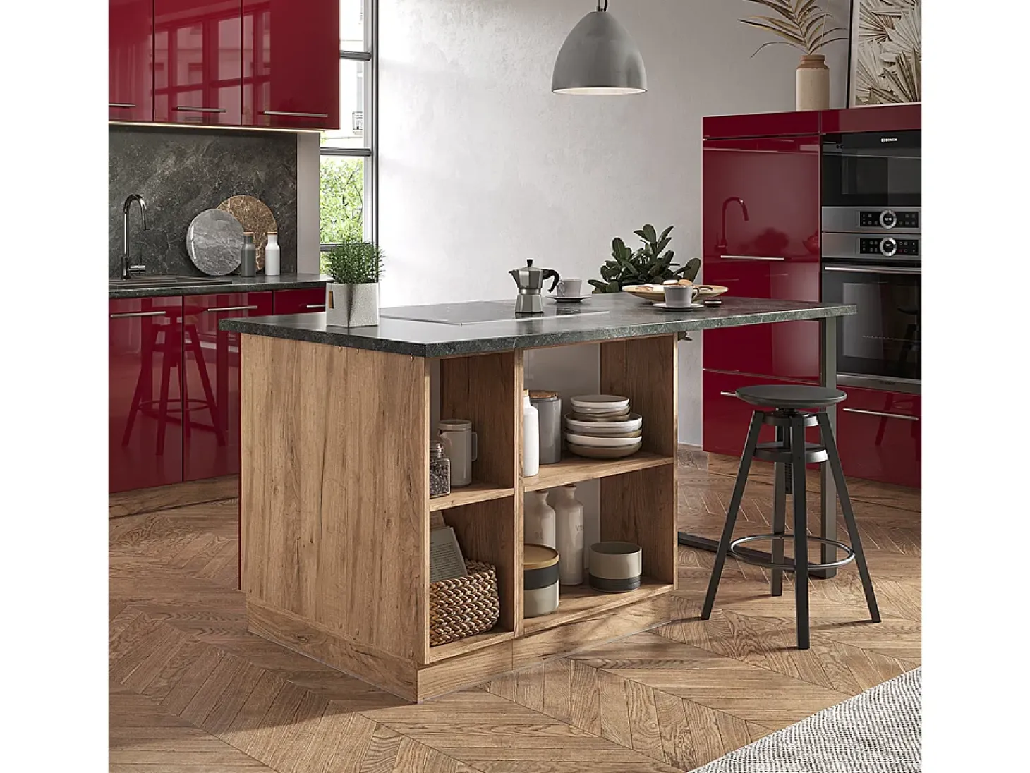 Isla de cocina burdeos brillo intenso/roble dorado 90x60x82 fame-line