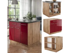 Isla de cocina burdeos brillo intenso/roble dorado 90x60x82 fame-line