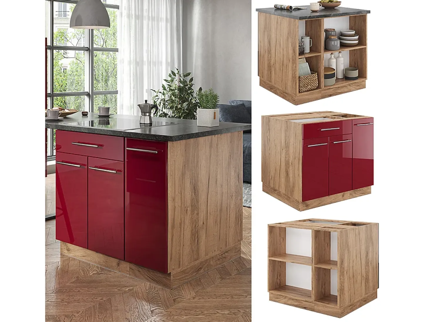 Isla de cocina burdeos brillo intenso/roble dorado 90x60x82 fame-line