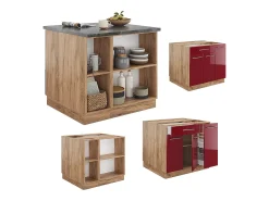 Isla de cocina burdeos brillo intenso/roble dorado 90x60x82 fame-line